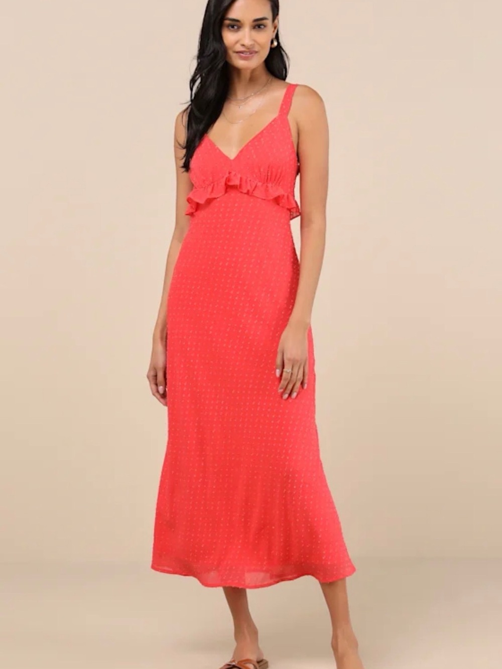 Lulu's Coral Ruffle-Trim V-Neck Midi Dress
